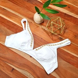 Kenneth Cole White triangle bikini top with gold color chain new size Large
